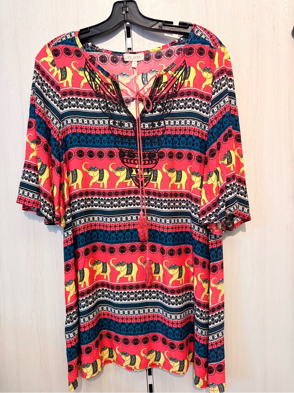 Velzera Red Yellow Blue Elephant-Print Tie-Front Tunic